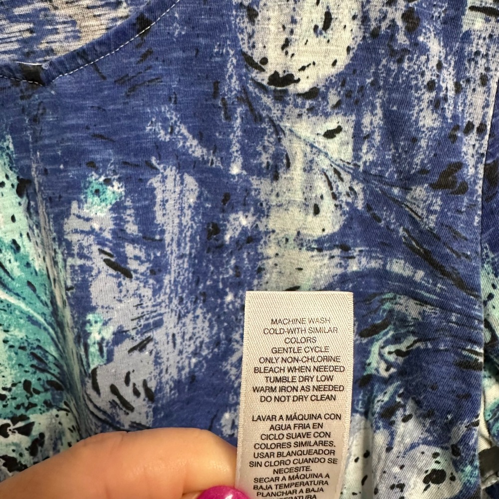 Weekends by Chicos Top Women 2 L Blue Abstract Feather 3/4 Sleeve Cotton Casual - Picture 9 of 10